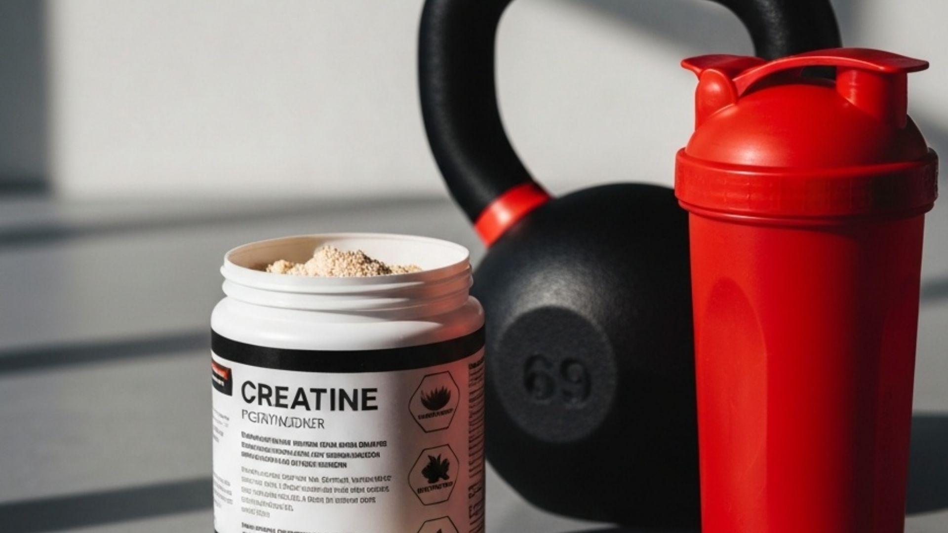 Öppen burk kreatinpulver med skopa bredvid kettlebell och shaker i modernt gym
