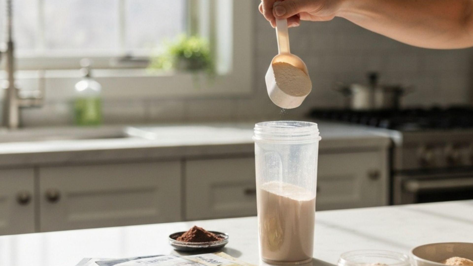 Proteinpulver skopas i shaker på marmorbänk i morgonljus