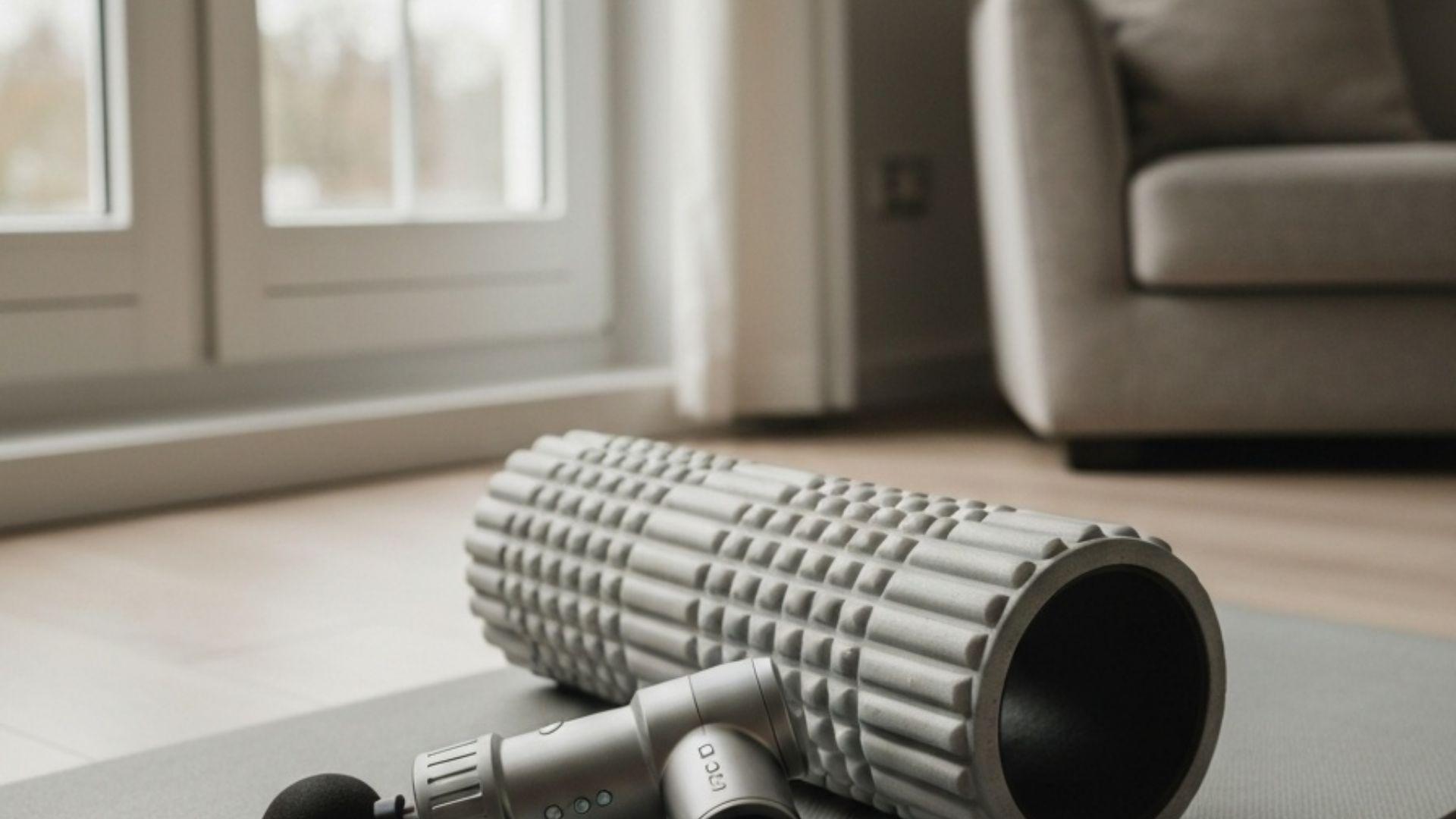 Massagepistol och foam roller på yogamatta i ljust hemmagym