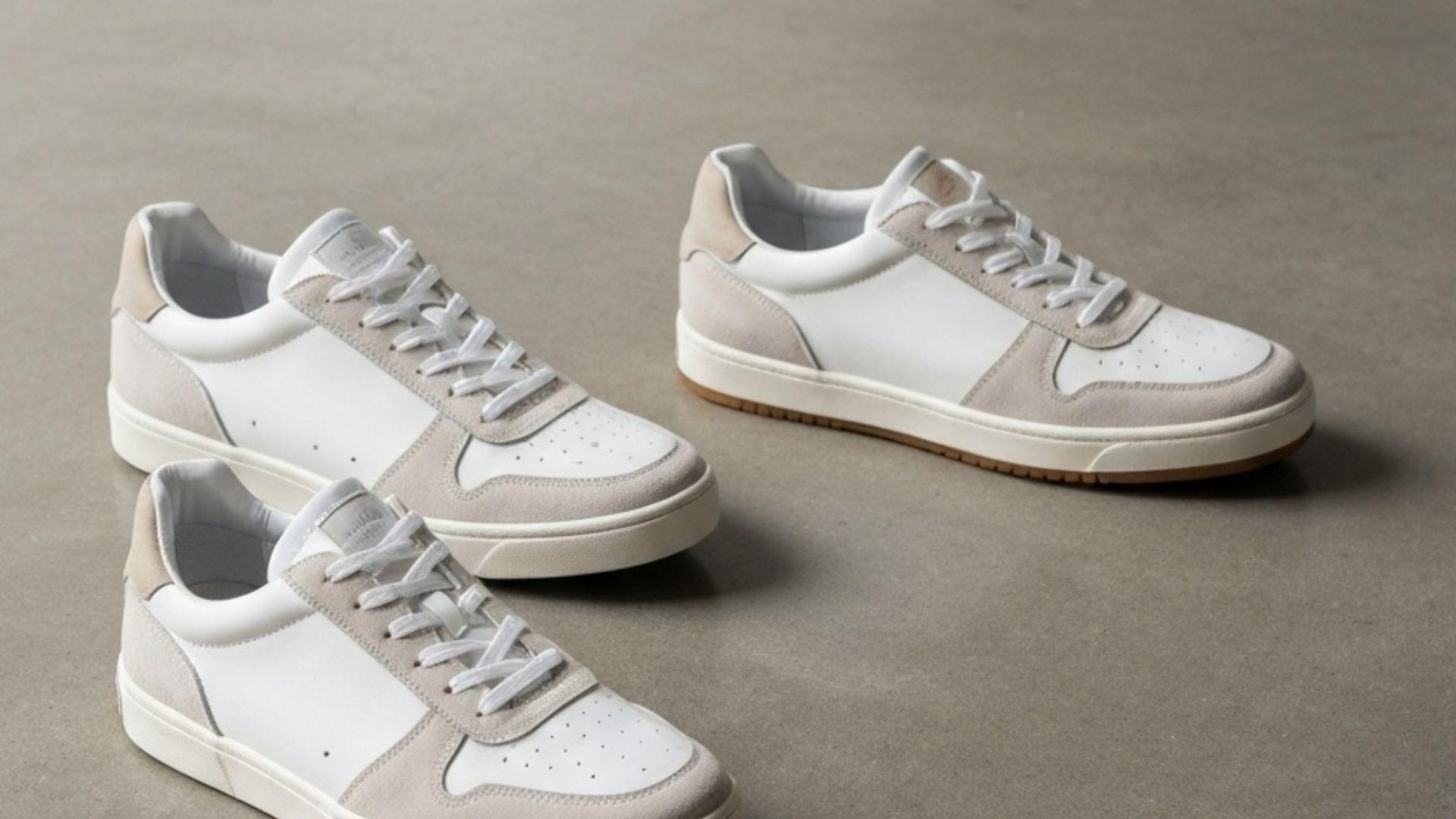 Tre par premium herrsneakers på betonggolv i mjukt studioljus