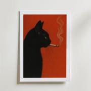 Smoking Cat poster — röd bakgrund med stiliserad katt, Bozetto