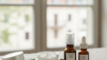Ansiktskrämer i glasburk på linne med naturliga ingredienser i dagsljus