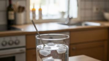 Ett glas friskt kranvatten på en stenbänk med en vattenkokare med kalkring i mjukt bakgrundsfokus