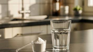 Vitt kreatinpulver i ett glasmått bredvid ett klart glas vatten på en skandinavisk köksbänk i morgonljus