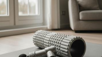 Massagepistol och foam roller på yogamatta i ljust hemmagym