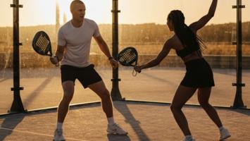 Två spelare i full rörelse på en padelbana i gyllene kvällsljus med glasväggar som glimrar