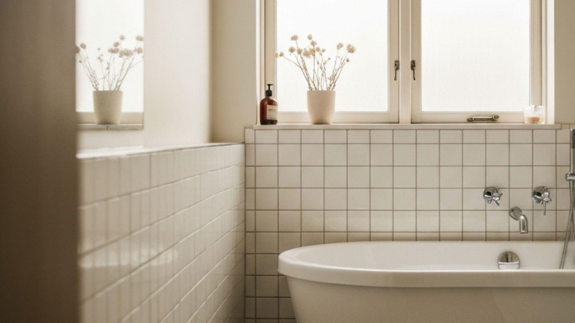 Litet ljust skandinaviskt badrum med ett fristående vitt badkar mot kaklad vägg i mjukt dagsljus från ett fönster
