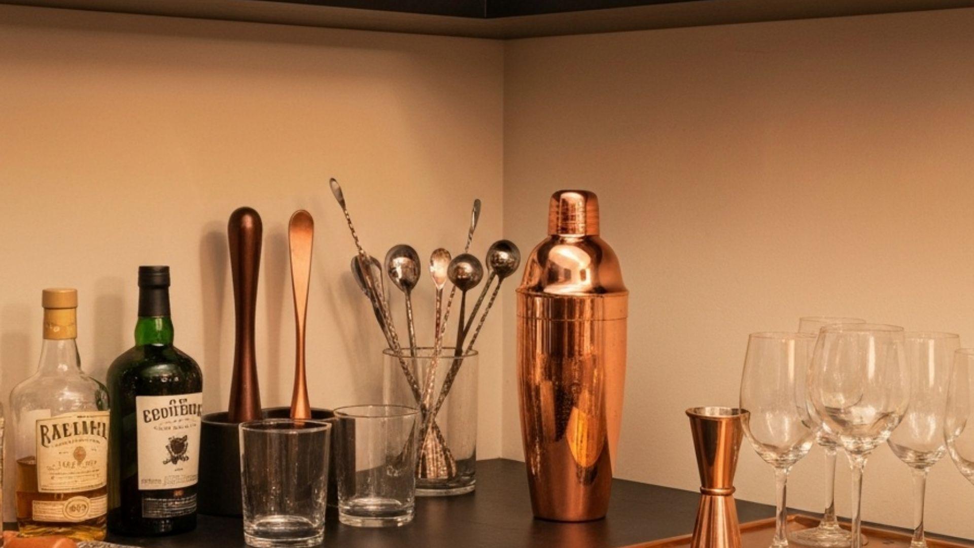 Stilren hemmabar med spritflaskor, kopparshaker och glas i varmt ljus