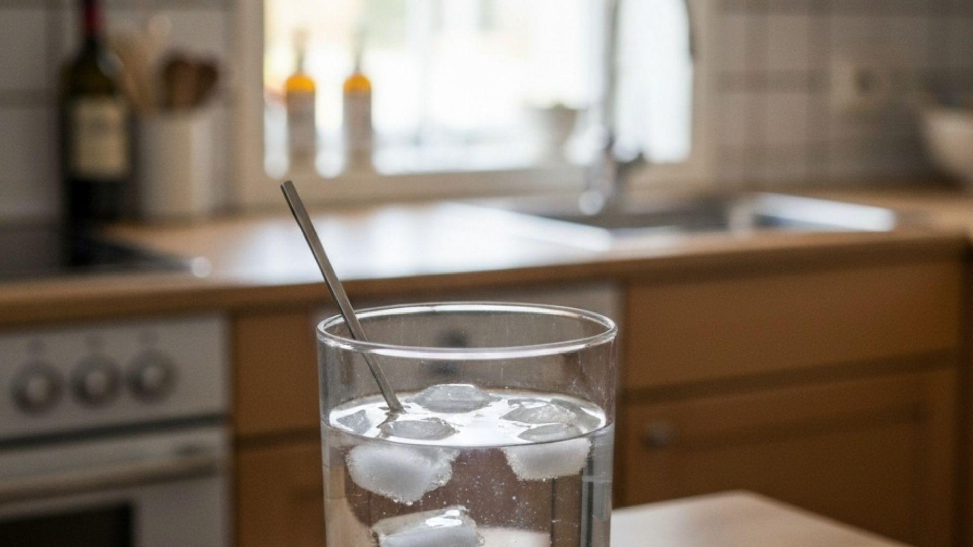 Ett glas friskt kranvatten på en stenbänk med en vattenkokare med kalkring i mjukt bakgrundsfokus
