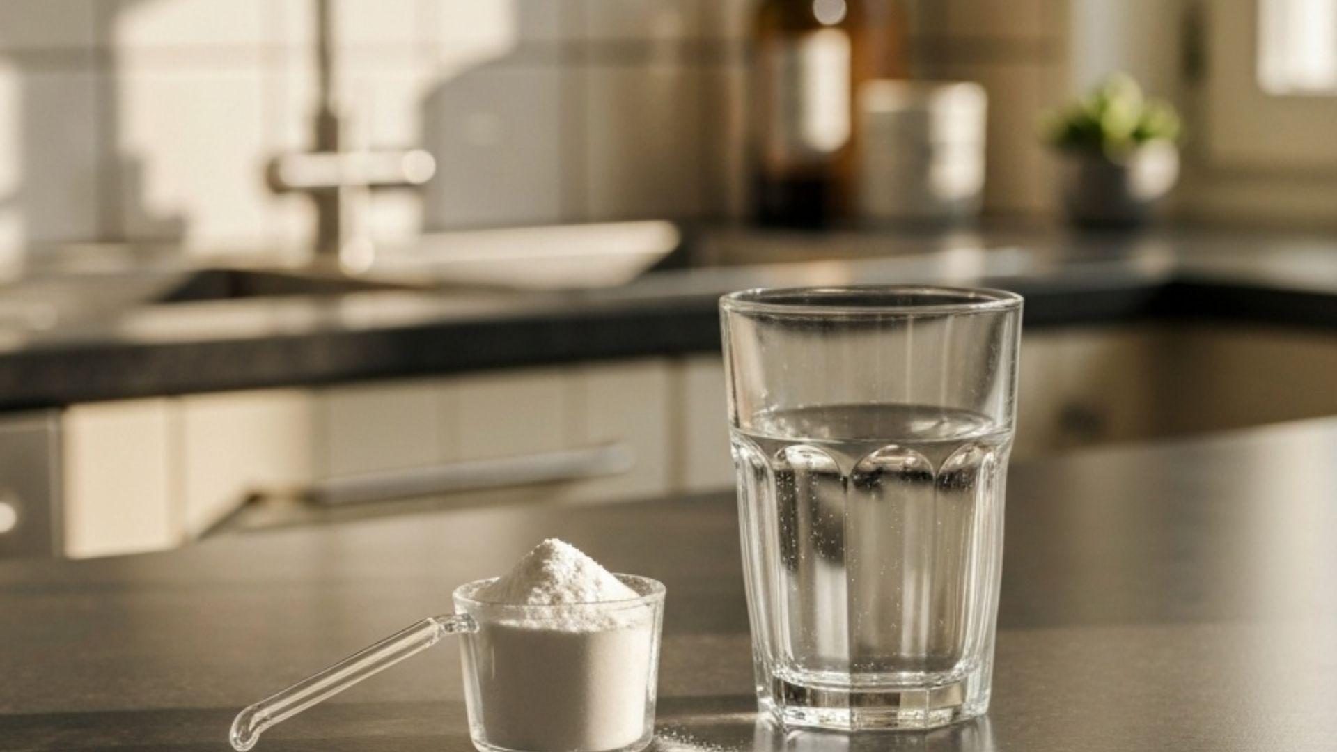 Vitt kreatinpulver i ett glasmått bredvid ett klart glas vatten på en skandinavisk köksbänk i morgonljus