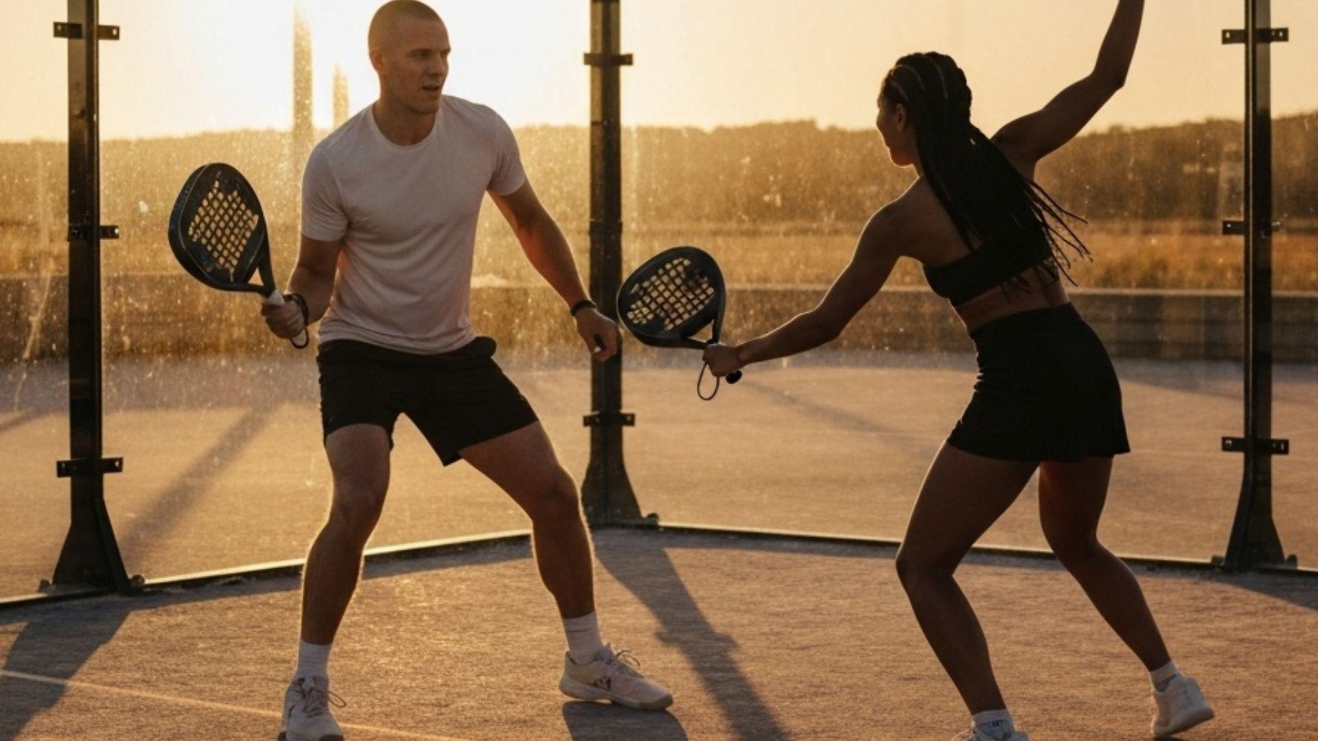Två spelare i full rörelse på en padelbana i gyllene kvällsljus med glasväggar som glimrar